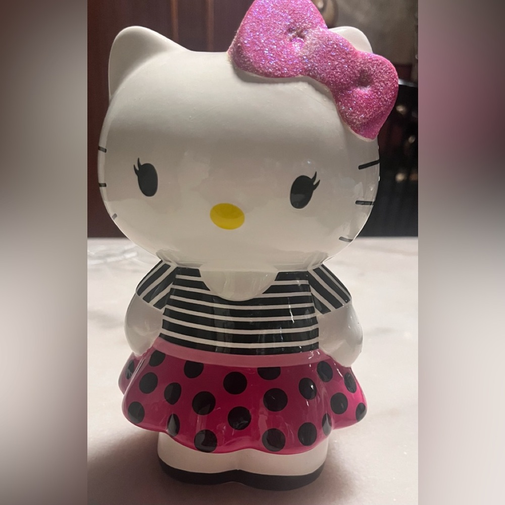 Hello Kitty Ceramic Piggy Bank Pink Polka Dot Skirt Glitter Bow 8”